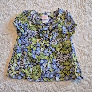 Janie and Jack girls size 3 - 6 months blue, green & white floral blouse EUC